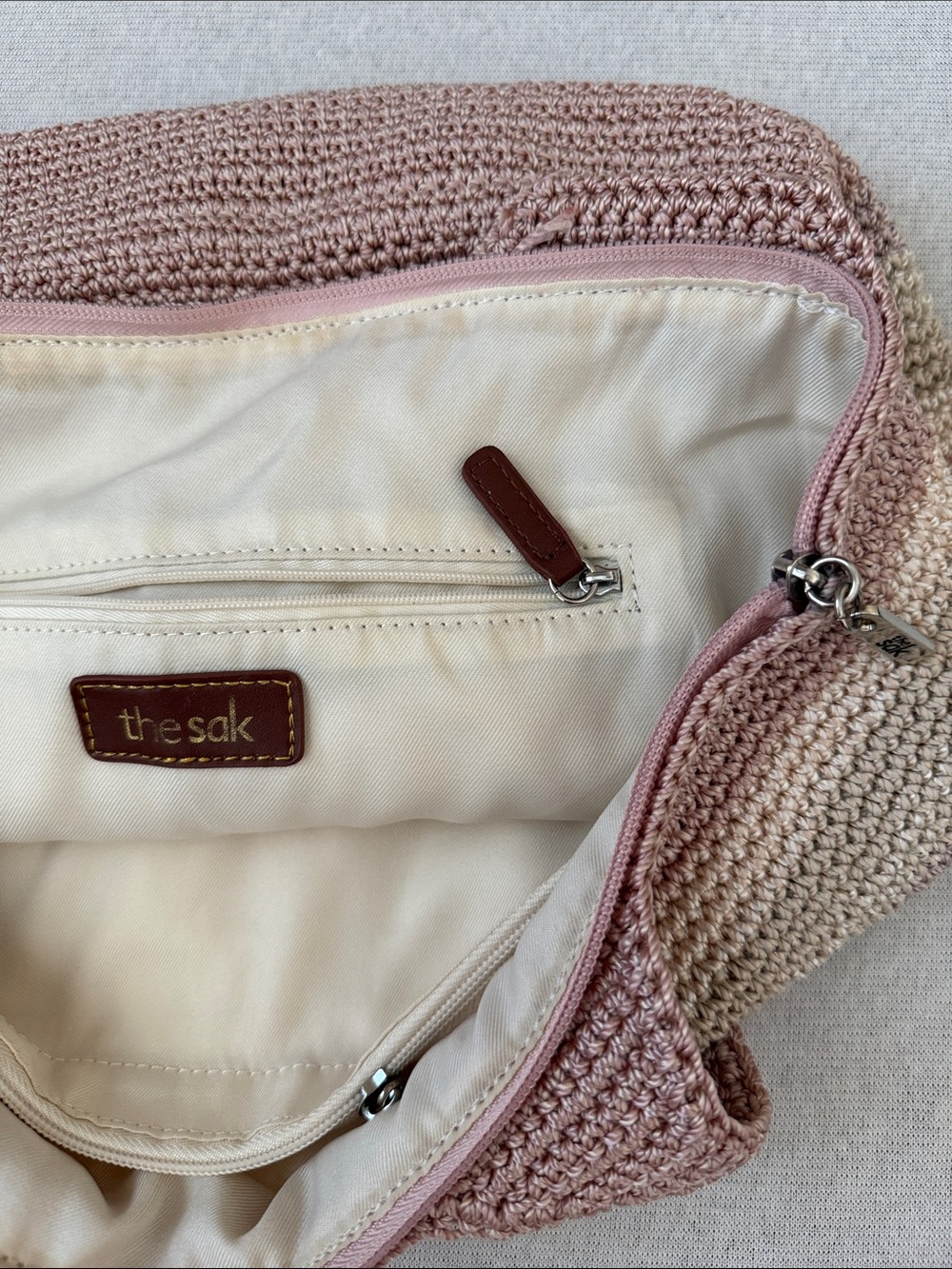 The Sak Crochet Knit Stripe Tote Shoulder Bag Blush Taupe Zip Closure